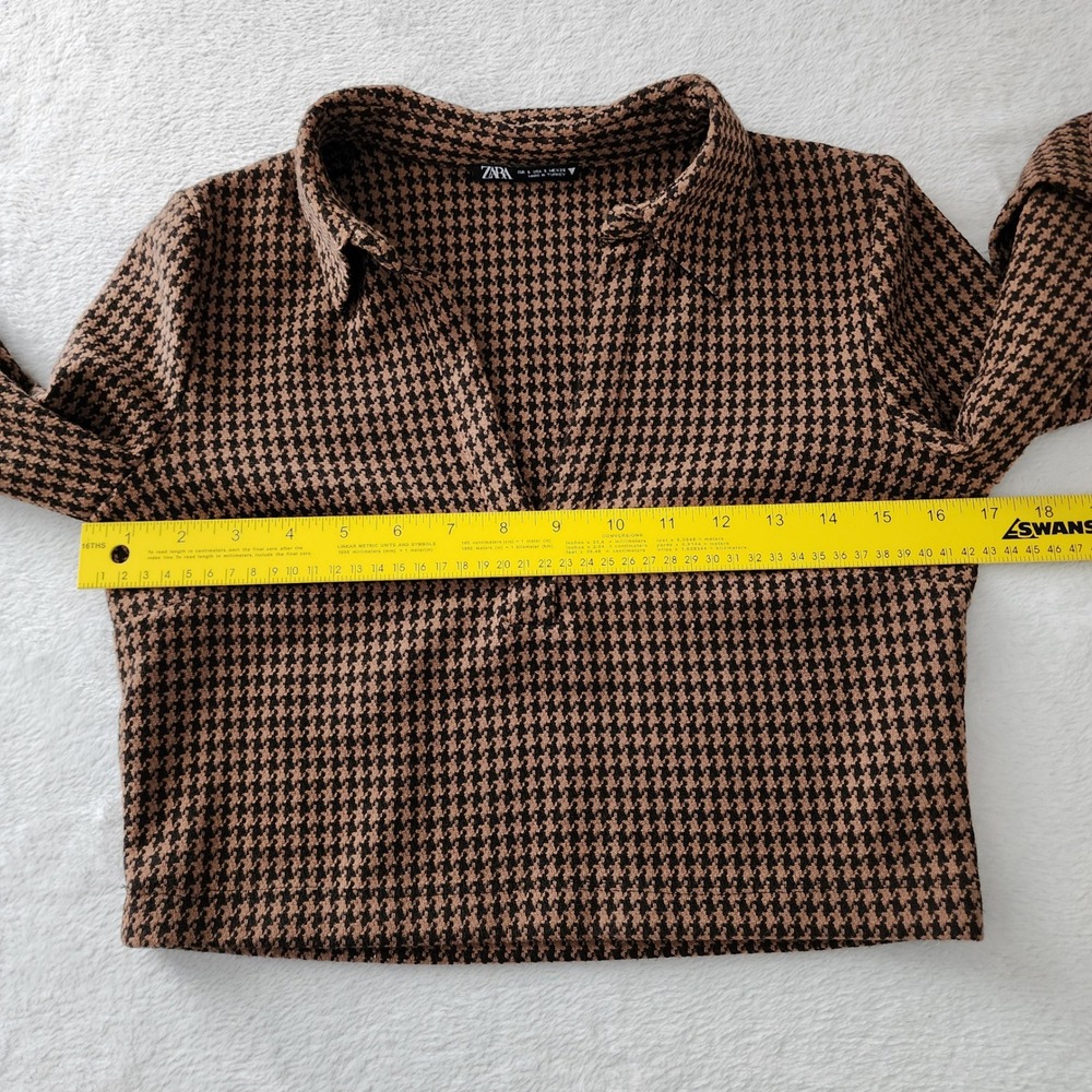 Zara Houndstooth Crop Top Womens Small Brown Black Collared Academia Preppy - Picture 9 of 12